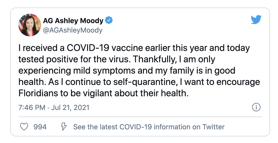 Fl’s Attorney General Moody Tests Positive for COVID-19 after Texas trip